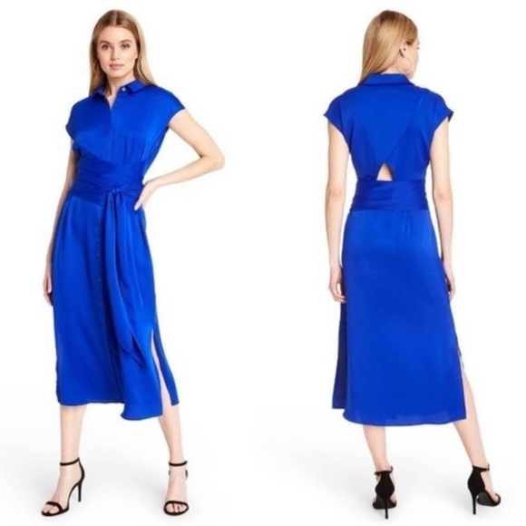 CUSHNIE x Target Royal Blue Button Front Wrap Waist Peek-a-boo Back Shirt Dress - Picture 1 of 16